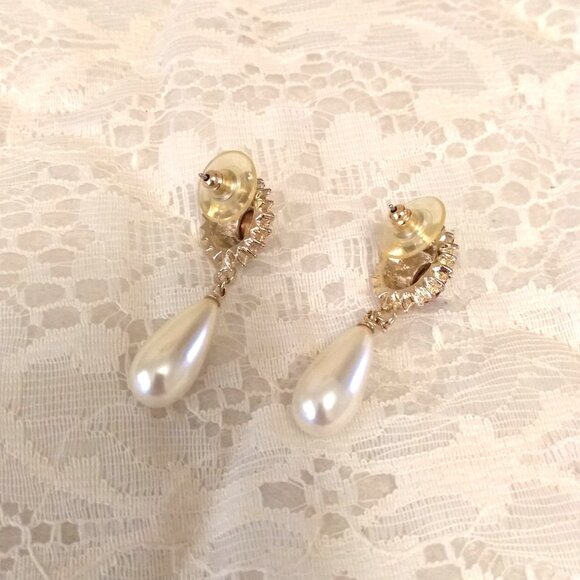 Vintage Red Garnet & Clear Crystal Pearl Gold Tone Dangle Drop Earrings - Picture 8 of 8